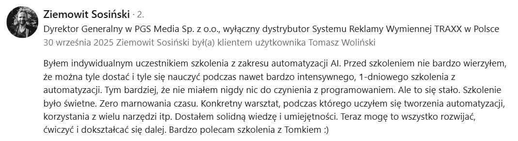 Opinia o szkoleniu z agentów AI