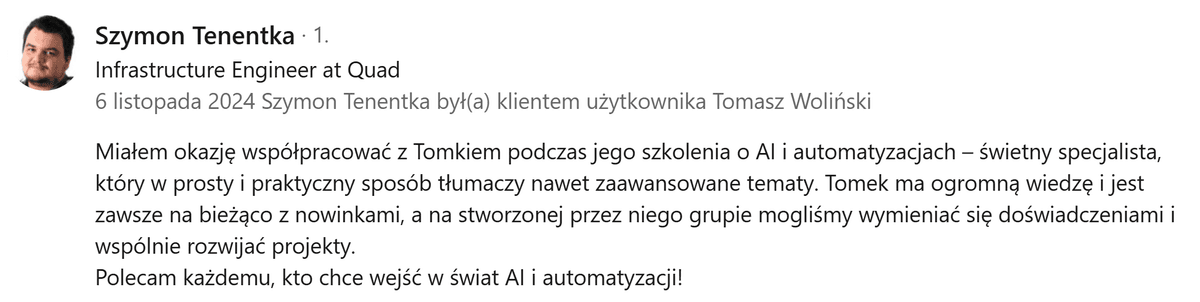 Opinia Szymona Tenentki - Infrastructure Engineer at Quad